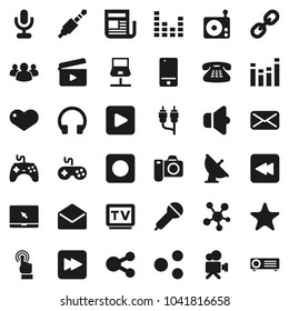 Flat vector icon set - satellite antenna vector, cinema clap, microphone, radio, newspaper, speaker, gamepad, equalizer, tv, video camera, mobile phone, touchscreen, headphones, notebook pc, classic