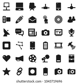 Flat vector icon set - satellite antenna vector, film frame, spool, disk, camera, microphone, satellitie, newspaper, loudspeaker, tv, video, remote control, mobile phone, touchscreen, dialog, link