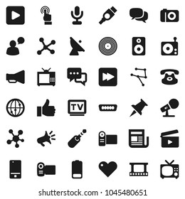 Flat vector icon set - satellite antenna vector, cinema clap, film frame, disk, microphone, radio, newspaper, loudspeaker, tv, internet, mobile phone, touchscreen, dialog, speaking man, classic