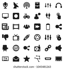 Flat vector icon set - satellite antenna vector, film frame, music hit, radio, newspaper, speaker, tv, gamepad, settings, video camera, microphone, remote control, internet, touchscreen, headphones
