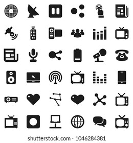 Flat vector icon set - satellite antenna vector, disk, microphone, satellitie, newspaper, tv, equalizer, video camera, remote control, internet, mobile phone, touchscreen, dialog, notebook pc, group