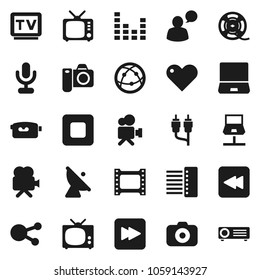 Flat vector icon set - satellite antenna vector, film frame, spool, camera, tv, equalizer, video, microphone, internet, speaking man, notebook pc, social media, heart, stop button, forward, backward
