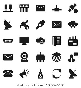Flat vector icon set - satellite vector, antenna, speaking man, classic phone, hdmi, connect, server, cloud lock, exchange, big data, hub, lan connector, refresh, mail, loudspeaker, monitor