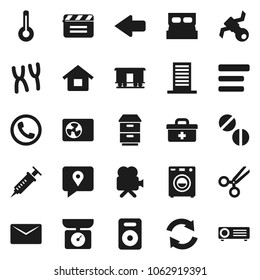 Flat vector icon set - satellite vector, traking, Railway carriage, cinema clap, video camera, speaker, doctor bag, thermometer, syringe, scissors, pills, chromosomes, menu, arrow, refresh, mail