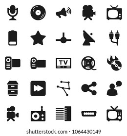 Flat vector icon set - satellite antenna vector, film spool, disk, music hit, radio, loudspeaker, tv, video camera, microphone, speaking man, favorites, battery, forward button, rca, hdmi, connect