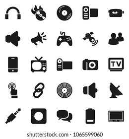 Flat vector icon set - satellite antenna vector, disk, music hit, satellitie, speaker, gamepad, tv, video camera, mobile phone, touchscreen, dialog, headphones, link, group, battery, rec button