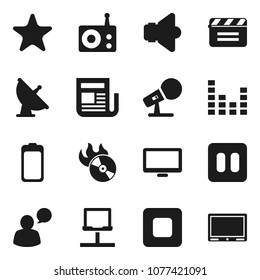 Flat vector icon set - satellite antenna vector, cinema clap, music hit, microphone, radio, newspaper, speaker, equalizer, speaking man, monitor, favorites, battery, pause button, stop, tv