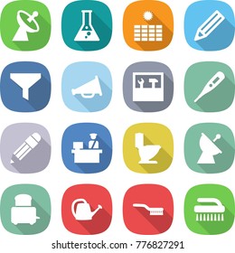 flat vector icon set - satellite antenna vector, flask, sun power, pencil, funnel, loudspeaker, tools, medical thermometer, customs control, toilet, toaster, watering can, brush