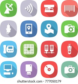 flat vector icon set - satellite antenna vector, wireless, market scales, bar code, spark plug, mobile location, map, camera, intercome, cpu, server, remote control, computer, usb flash, cd