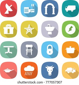 flat vector icon set - satellite antenna vector, mall, arch, shipping, hi quality package, starfish, sink, electricity, table, chair, lock, pan, rain cloud, cow, trash truck