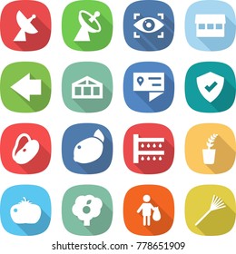 flat vector icon set - satellite antenna vector, eye identity, market, left arrow, greenhouse, location details, protected, beans, lemon, watering, seedling, tomato, garden, trash, rake