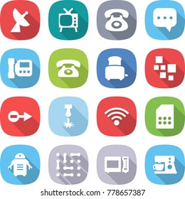 flat vector icon set - satellite antenna vector, tv, phone, sms, intercome, toaster, blocks, electron, laser, wireless, sim card, robot, circuit, microwave oven, coffee maker