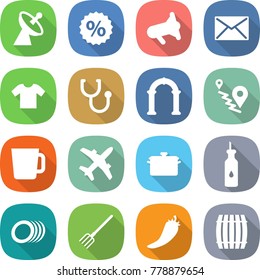 flat vector icon set - satellite antenna vector, percent, megafone, mail, t shirt, stethoscope, arch, route, cup, plane, pan, vegetable oil, plates, fork, hot pepper, barrel
