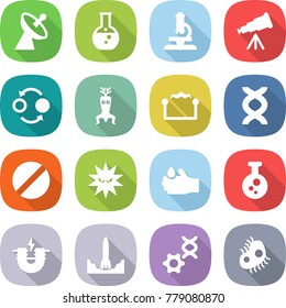 flat vector icon set - satellite antenna vector, round flask, microscope, telescope, quantum bond, dna modify, electrostatic, pill, virus, acid, chemical, electric magnet, rocket start, edit, microb