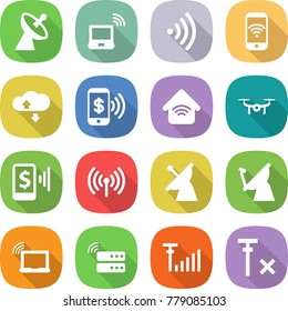 flat vector icon set - satellite antenna vector, notebook wireless, phone, cloud service, pay, home, drone, mobile, laptop wifi, server, signal, no