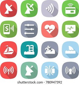 flat vector icon set - satellite antenna vector, wireless, tap to pay, mobile, equalizer, heart pulse, monitor, sail boat, pool, surfer, shark flipper, magnetic field