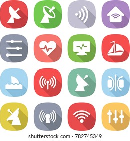 flat vector icon set - satellite antenna vector, wireless, home, equalizer, heart pulse, monitor, sail boat, shark flipper, magnetic field, setup
