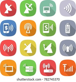 flat vector icon set - satellite antenna vector, notebook wireless, phone pay, mobile, remote control, laptop wifi, server, router, signal