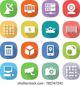 flat vector icon set - satellite antenna vector, server, web cam, chip, receipt, scales, bar code, calculator, 3d, mobile location, atom core, computer, surveillance camera, circuit