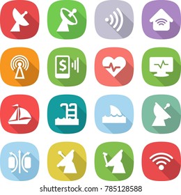 flat vector icon set - satellite antenna vector, wireless, home, mobile pay, heart pulse, monitor, sail boat, pool, shark flipper, magnetic field