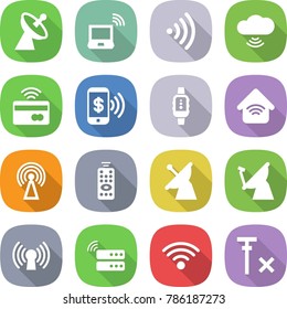 flat vector icon set - satellite antenna vector, notebook wireless, cloud, tap to pay, phone, smart watch, home, remote control, server, no signal
