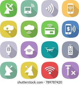 flat vector icon set - satellite antenna vector, notebook wireless, phone, cloud service, tap to pay, smart watch, home, drone, remote control, no signal