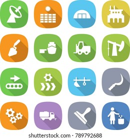 flat vector icon set - satellite antenna vector, sun power, hangare, factory, construction, port, fork loader, oil pump, conveyor, plow, sickle, gears, sweeper, scraper, garbage bin