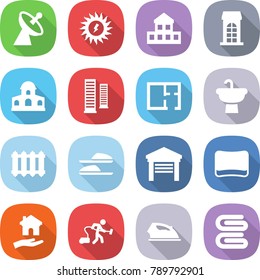 flat vector icon set - satellite antenna vector, sun power, cottage, building, mansion, skyscrapers, plan, sink, radiator, slippers, garage, sponge, housing, vacuum cleaner, iron, towel