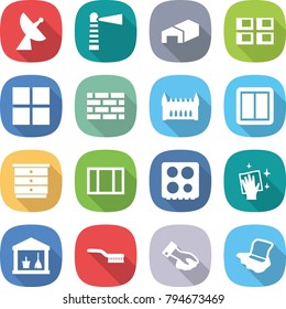 flat vector icon set - satellite antenna vector, lighthouse, warehouse, panel house, window, brick wall, gothic architecture, power switch, chest of drawers, hob, wiping, utility room, brush