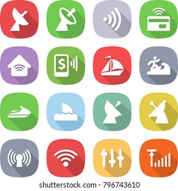 flat vector icon set - satellite antenna vector, wireless, tap to pay, home, mobile, sail boat, surfer, jet ski, shark flipper, setup, signal
