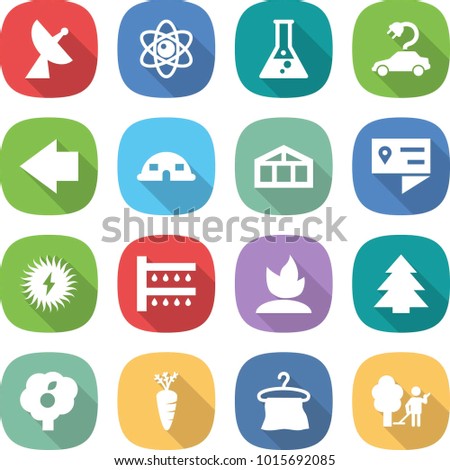flat vector icon set - satellite antenna vector, atom, flask, electric car, left arrow, dome house, greenhouse, location details, solar power, watering, sprouting, spruce, garden, carrot, hanger