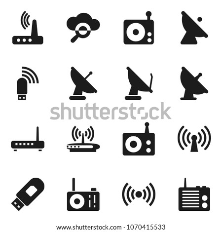 Flat vector icon set - satellite antenna vector, radio, cloud glass, usb modem, router, wireless