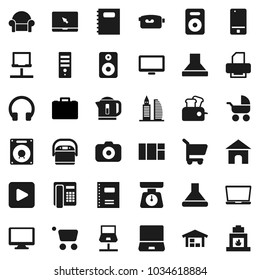 Flat vector icon set - scales vector, copybook, case, camera, video, mobile phone, headphones, monitor, notebook pc, speaker, play button, network, barn, office building, cushioned furniture, cart