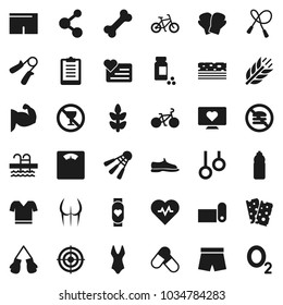 Flat vector icon set - scales vector, heart pulse, clipboard, pills vial, bike, jump rope, hand trainer, muscule, buttocks, snickers, boxing glove, shorts, swimsuite, t shirt, target, molecule, pool
