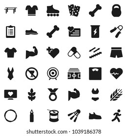 Flat vector icon set - scales vector, heart pulse, stadium, clipboard, weight, hand trainer, horizontal bar, punching bag, muscule, snickers, shorts, swimsuite, t shirt, roller Skates, target, medal