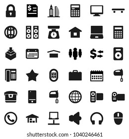 Flat vector icon set - scales vector, mixer, case, calculator, exchange, annual report, man, calendar, skateboard, stadium, dry cargo, package, speaker, video camera, mobile phone, headphones, globe