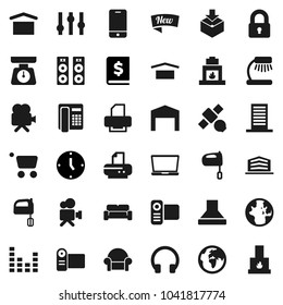 Flat vector icon set - scales vector, mixer, table lamp, world, annual report, clock, earth, satellite, dry cargo, package, settings, equalizer, video camera, mobile phone, headphones, barn, lock