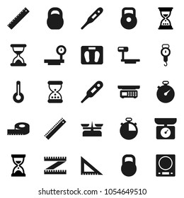 Flat vector icon set - scales vector, corner ruler, sand clock, measuring, stopwatch, weight, big, thermometer, store, kitchen