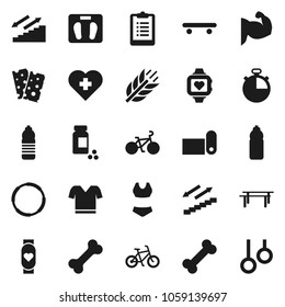 Flat vector icon set - scales vector, stopwatch, clipboard, pills vial, bike, horizontal bar, muscule hand, swimsuite, t shirt, skateboard, heart monitor, water bottle, stairways run, fitness mat