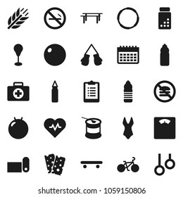 Flat vector icon set - scales vector, heart pulse, clipboard, pills vial, bike, horizontal bar, punching bag, fitball, boxing glove, swimsuite, skateboard, sports nutrition, water bottle, calendar