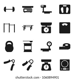 Flat vector icon set - scales vector, barbell, measuring, weight, hand trainer, horizontal bar, sports nutrition, big, store, kitchen
