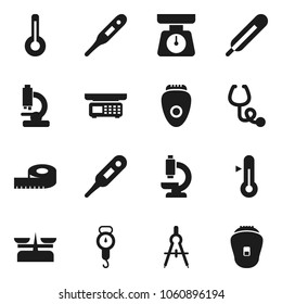 Flat vector icon set - scales vector, thermometer, drawing compass, measuring, stethoscope, microscope, store, epilator