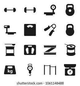 Flat vector icon set - scales vector, barbell, measuring, weight, hand trainer, horizontal bar, sports nutrition, big, kitchen