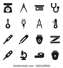 Flat vector icon set - scales vector, thermometer, drawing compass, measuring, stethoscope, microscope, store, epilator