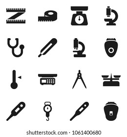 Flat vector icon set - scales vector, thermometer, drawing compass, measuring, stethoscope, microscope, store, epilator