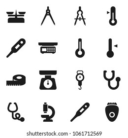 Flat vector icon set - scales vector, thermometer, drawing compass, measuring, stethoscope, microscope, store, epilator