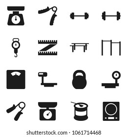 Flat vector icon set - scales vector, barbell, measuring, weight, hand trainer, horizontal bar, sports nutrition, big, kitchen