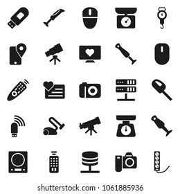 Flat vector icon set - scales vector, blender, telescope, heart monitor, traking, remote control, network server, usb modem, kitchen, vacuum cleaner, camera, mouse, multi socket