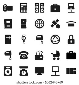 Flat vector icon set - scales vector, mixer, copybook, case, calculator, satellite, dry cargo, internet, notebook network, phone, lock, baby stroller, fridge, toaster, monitor, video camera, speaker