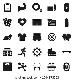 Flat vector icon set - scales vector, stadium, clipboard, muscule hand, buttocks, boxing glove, shorts, t shirt, roller Skates, skateboard, target, medal, enegry drink, molecule, water bottle, pool